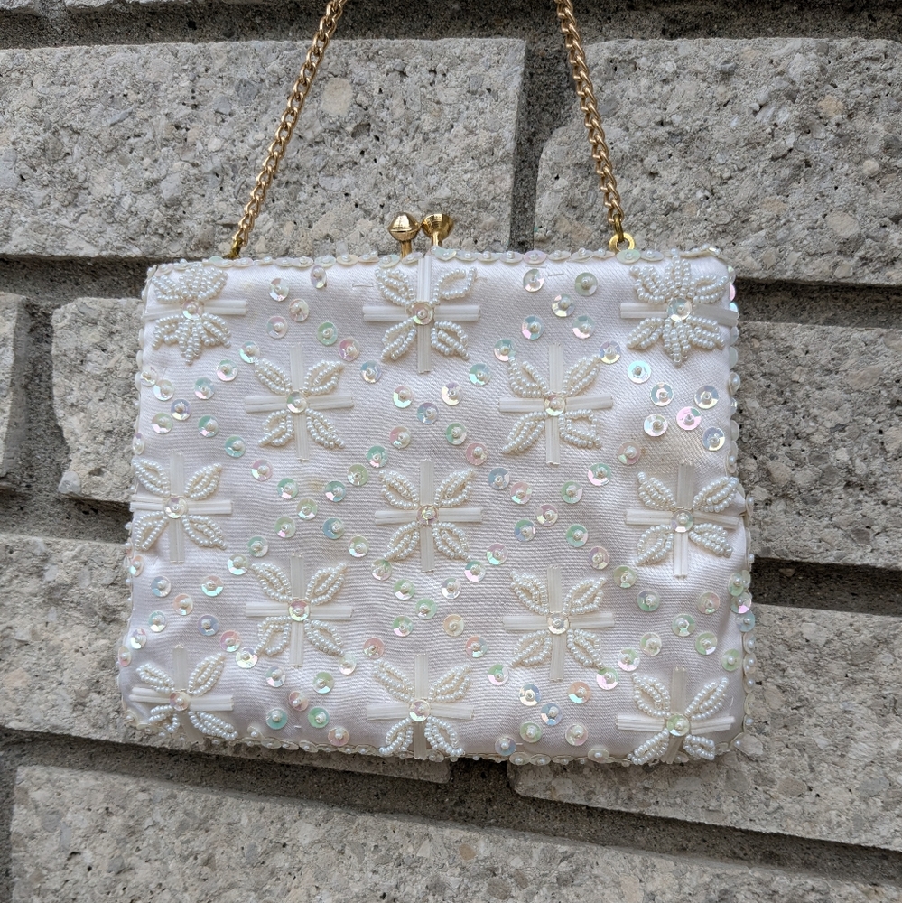 Satin Ivory Beaded Sequined Evening Bag Gold Chain Wedding Prom Snap